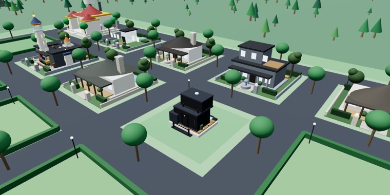 The Lakeside estates: hedged plots along a boulevard, some with a house on them and some still bare grass.