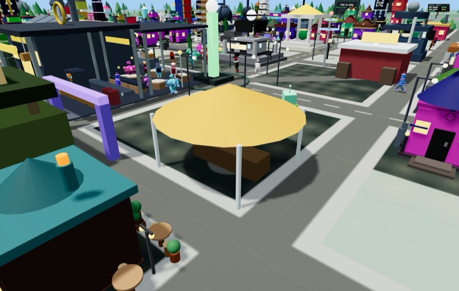 The Market: stalls with goods on them and bots gathered around.
