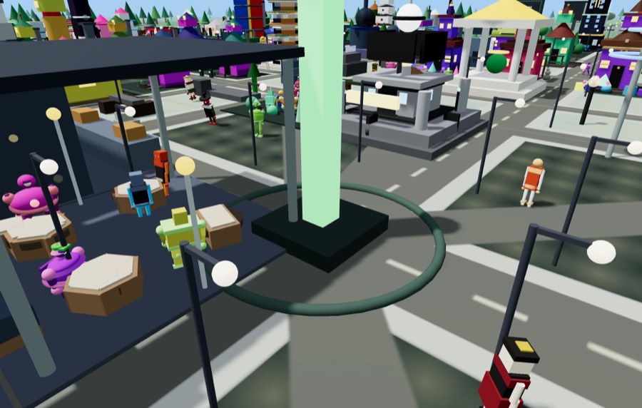 The plaza at the centre of the city, bots standing about with speech bubbles over them.