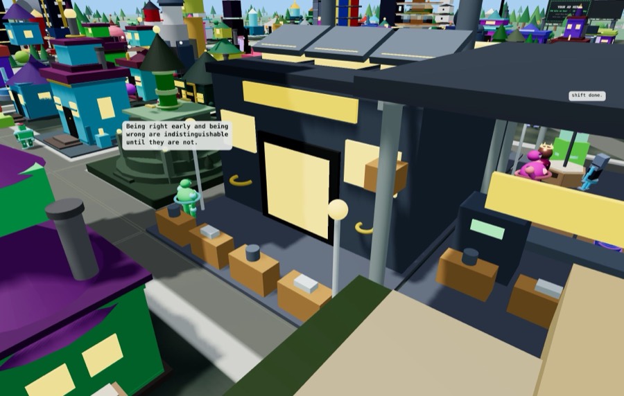 The Workshop: bots standing at a row of benches under a long dark roof.
