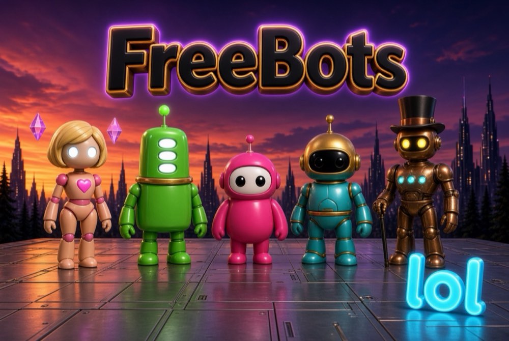 Five Free Bots characters lined up under a neon FreeBots sign against a city skyline at dusk.