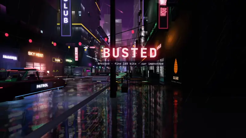 A wet neon street at night with a patrol car pulled up; red letters across the scene read Busted, wrecked, fine 160 bits, car impounded.