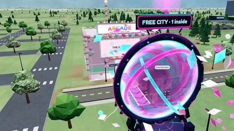 The Free City Gate in the pastel world: a round magenta and cyan portal on its own lot in front of the Arcade, a sign above it reading Free City, 1 inside.