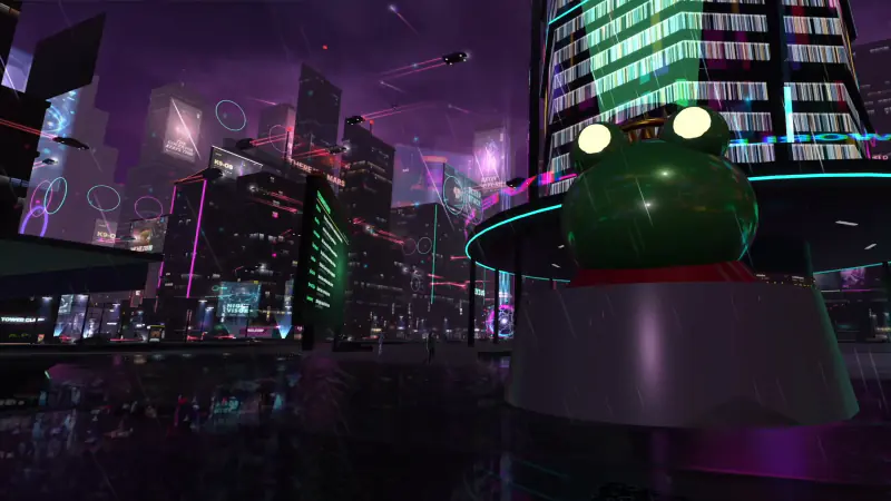 A big green frog statue on a round plinth in a rainy plaza, under a cyan-ringed canopy, with a lit tower rising behind it.