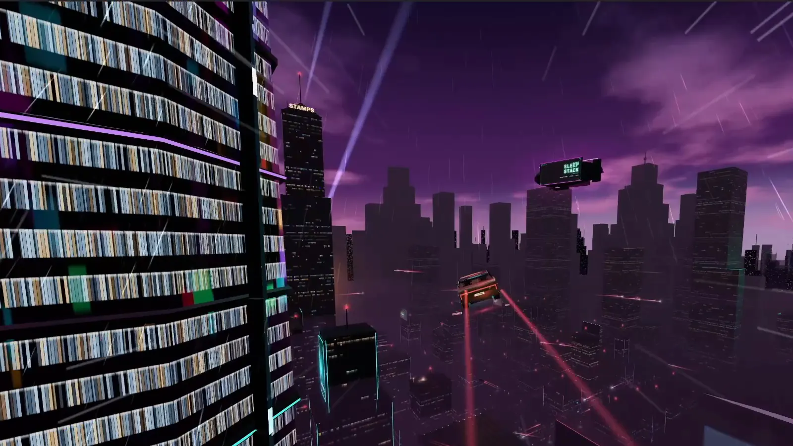 Free City from the air at night: a tower of thousands of windows lit in different colours, a flying car trailing red beams past it over a purple, rain-streaked skyline.