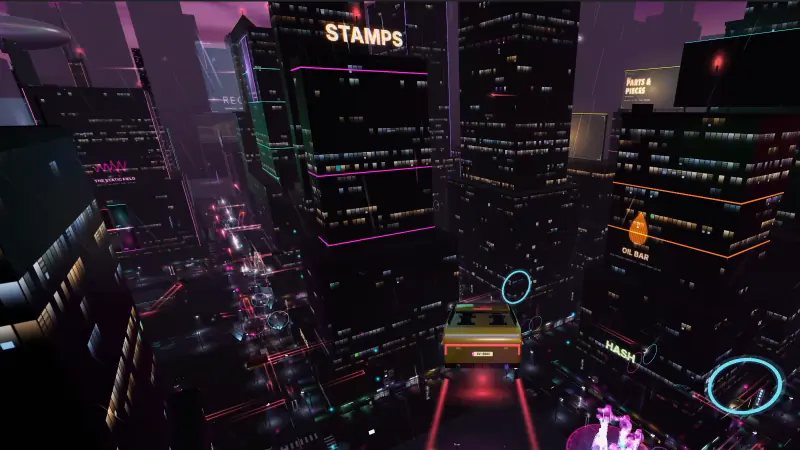 A gold car flying low between dark towers towards a glowing cyan ring, neon signs for Stamps, Oil Bar and Hash on the buildings.