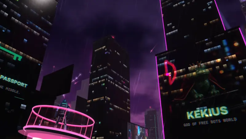 A pink circular sky pad hovering beside a skyscraper, a robot standing on it, a neon billboard of Kekius, god of Free Bots World, on the tower behind.