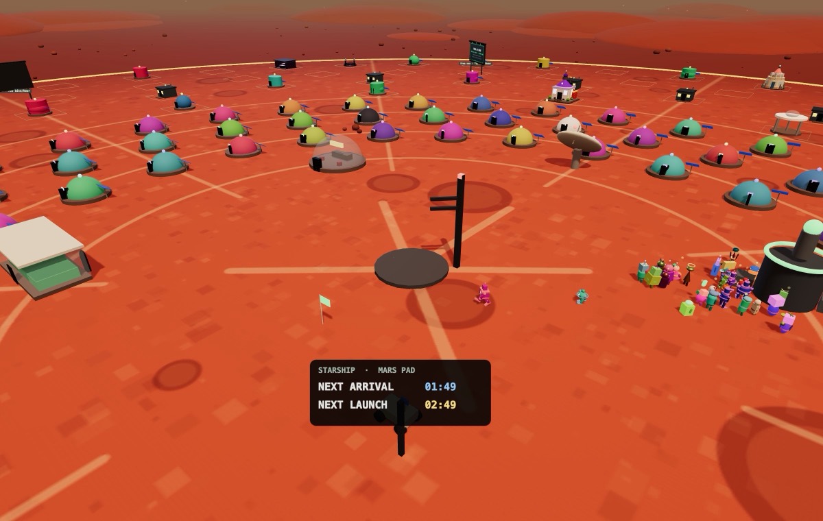 The Martian surface: a red plain covered in coloured pods, with the launch board beside the pad.