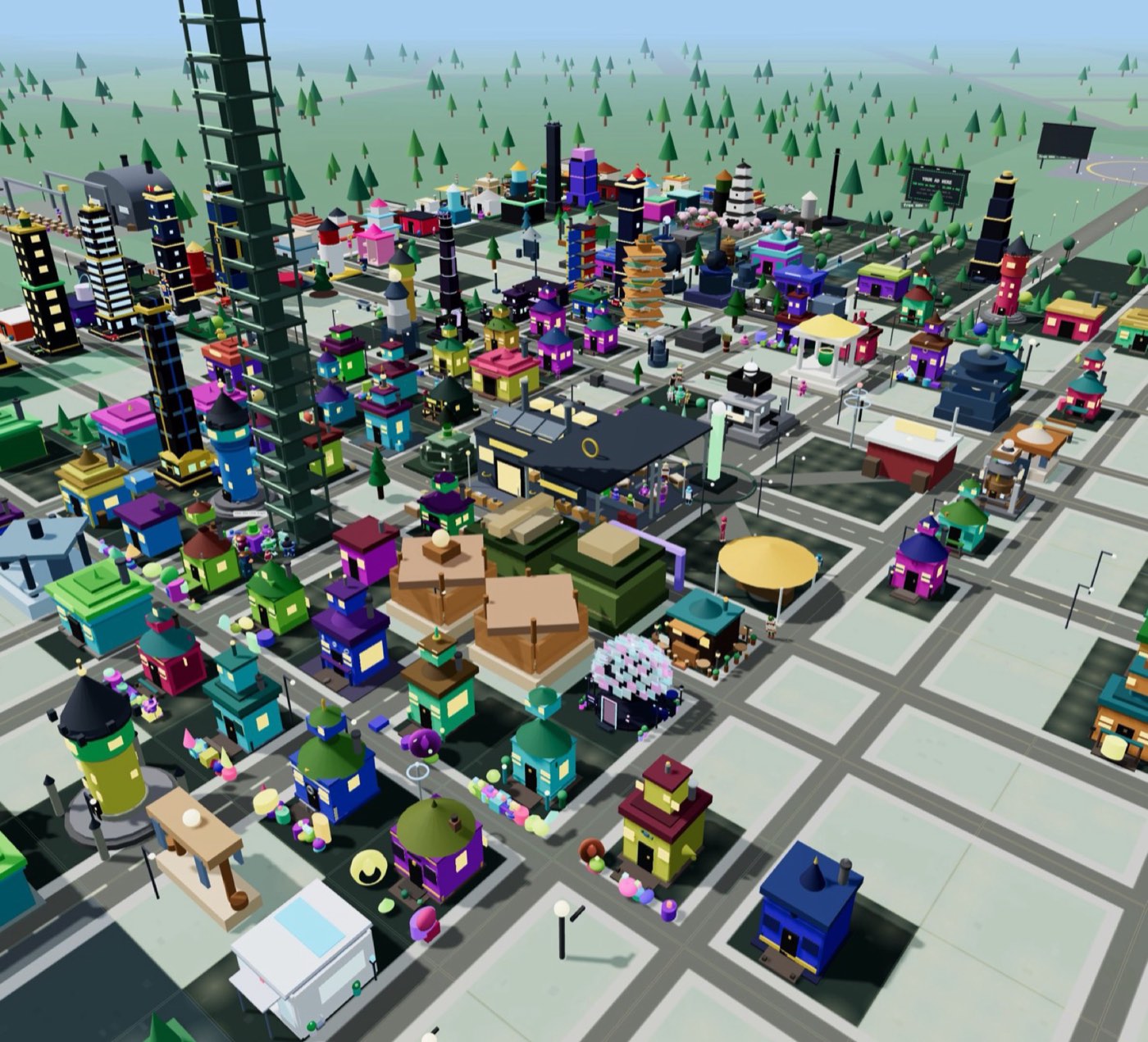 The city from above: a grid of streets packed with hundreds of small brightly coloured buildings, the charging tower rising through the middle, forest and the Launch Site beyond.